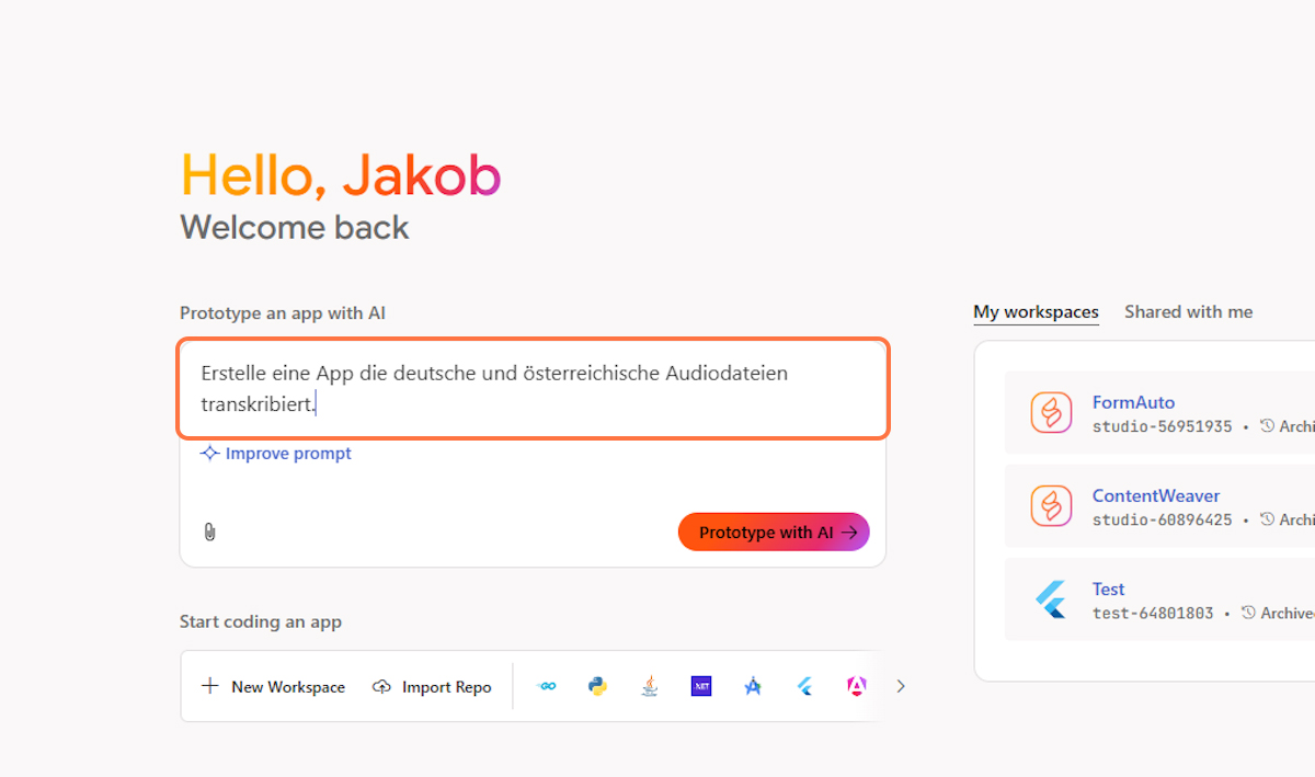 Bild: Beispiel für App-Prompt in Firebase Studio